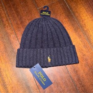 NWT Polo Ralph Lauren Men's Pony Navy  Wool Blend Beanie Cuff rib-knit Hat